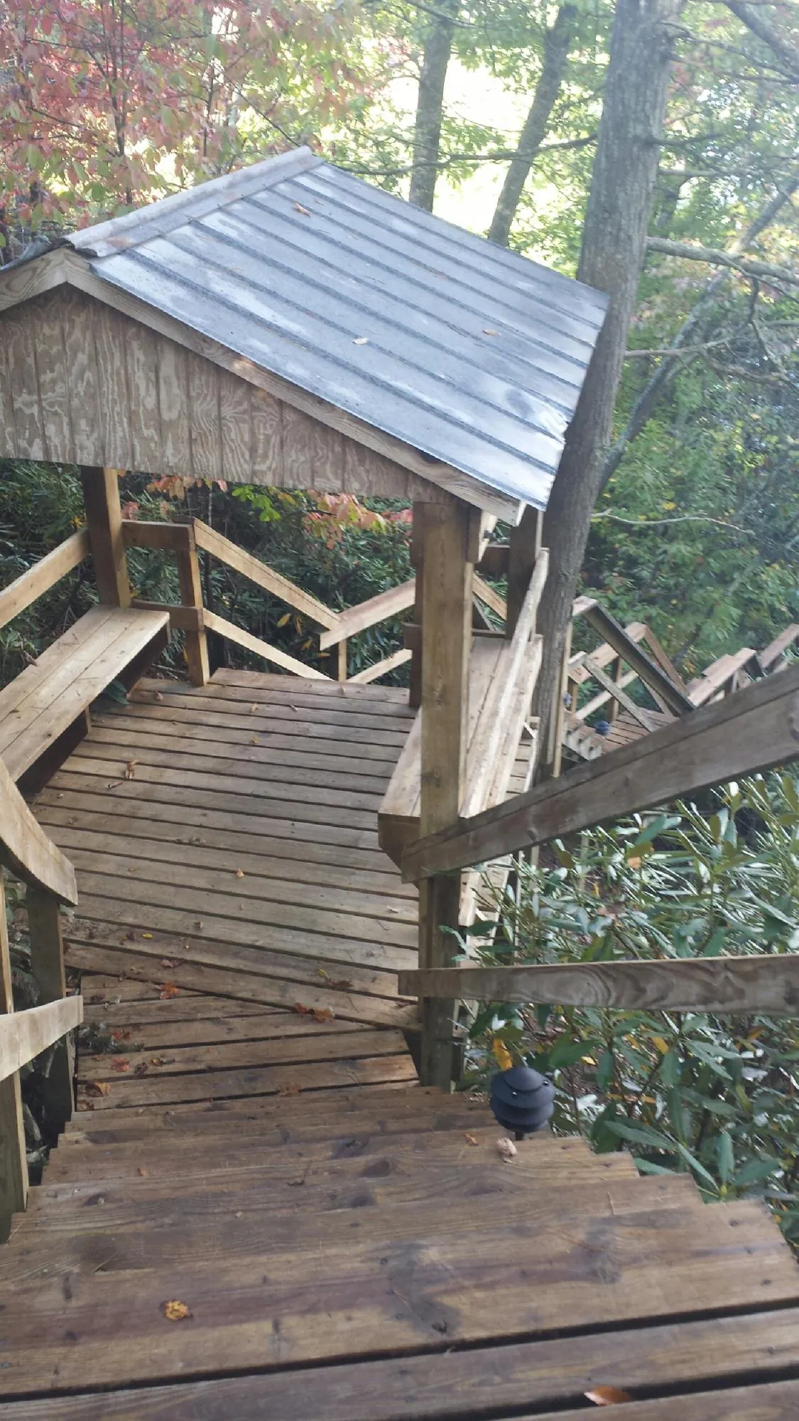 Metal roofed shelter over wooden steps on a wooded walkway — Skylight Repair & Installation work by our crew in Leadville